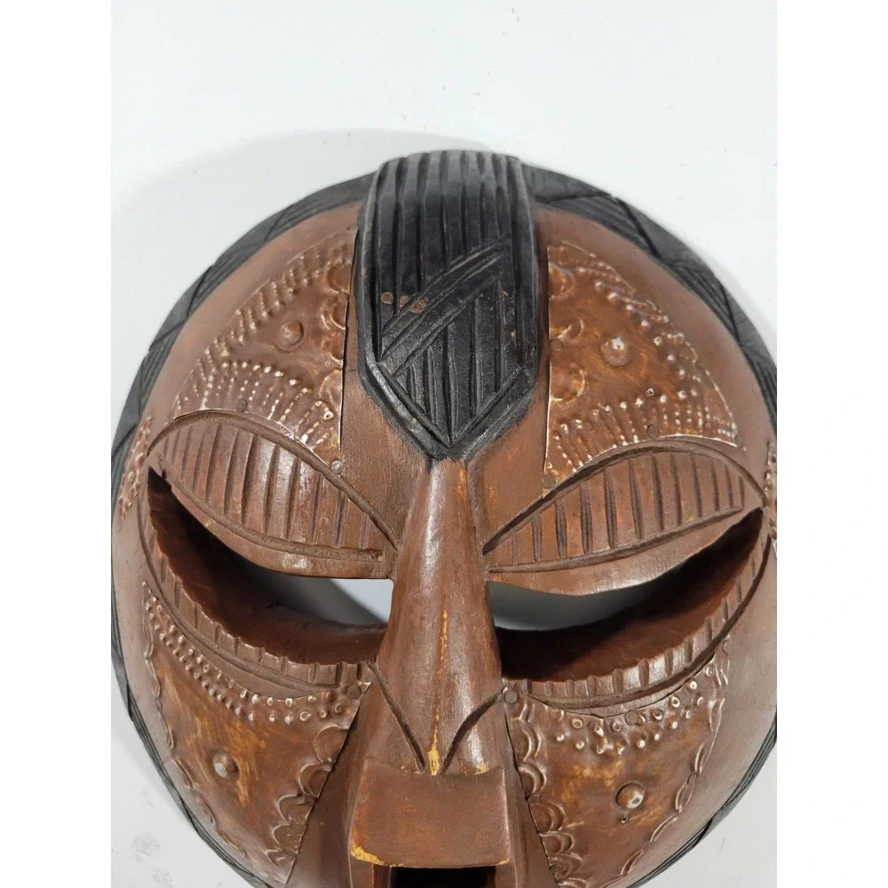 African Wooden Tribal Mask Round Face Black Brown Ghana Souvenir Wall Decor 11